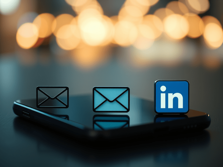 LinkedIn logo, email icon and cellphone on dark blue and gold background