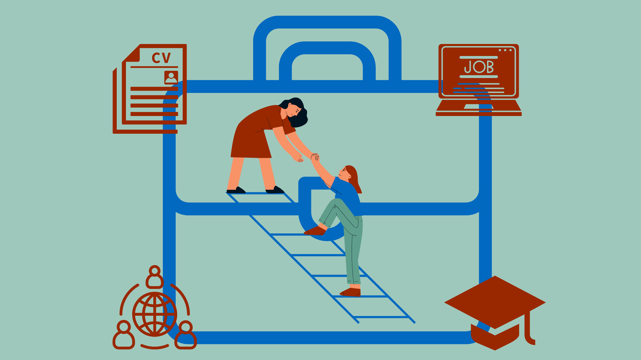 Breif case, a woman pulling another woman up a ladder